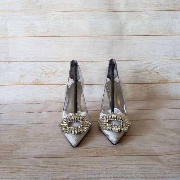 Good American Cinderella Crystal Jeweled Point Toe Clear Translucent Pumps - Picture 10 of 15